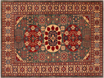 handmade Geometric Super Kazak Green Beige Hand Knotted RECTANGLE 100% WOOL area rug 7x10